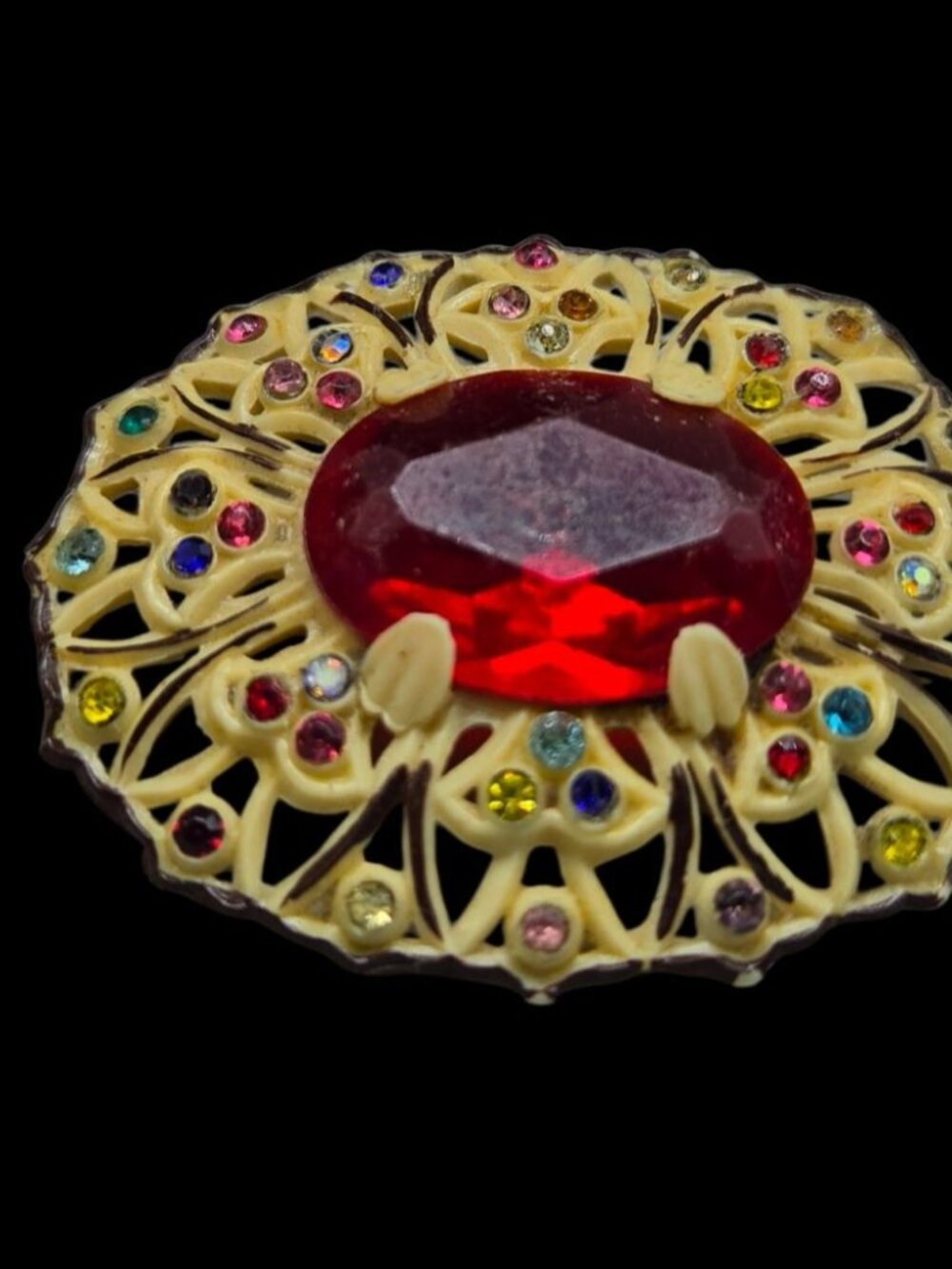 Vtg 1930s Art Deco Celluloid Filigree Brooch Central Red Stone Colorful Accents - Picture 2 of 9